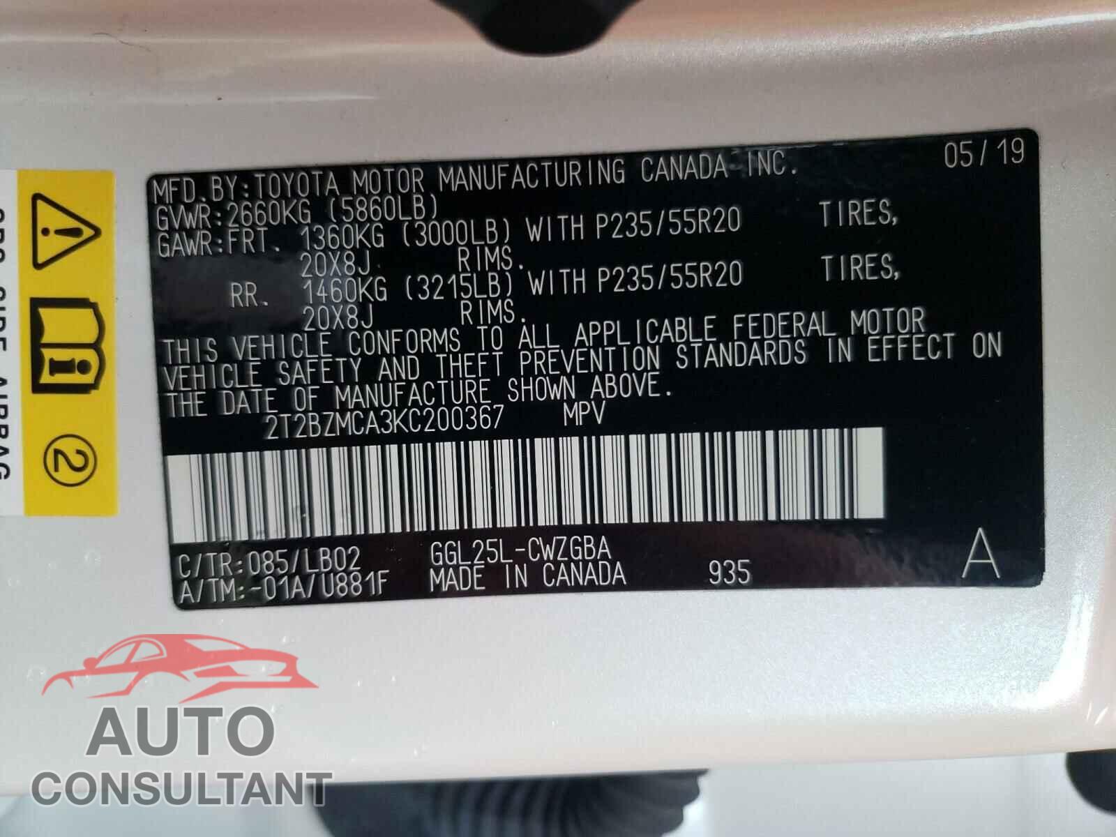 LEXUS RX350 2019 - 2T2BZMCA3KC200367