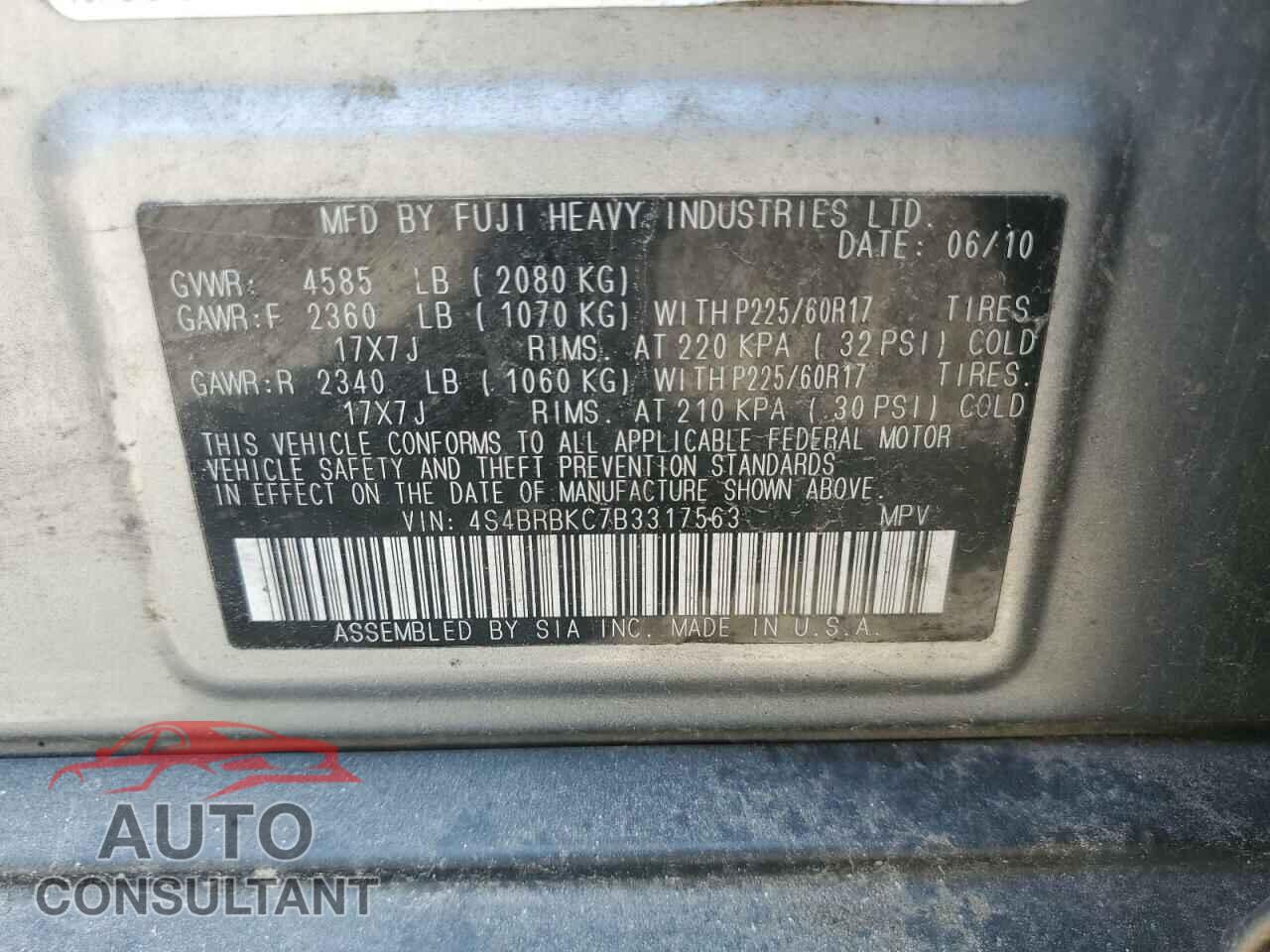 SUBARU OUTBACK 2011 - 4S4BRBKC7B3317563