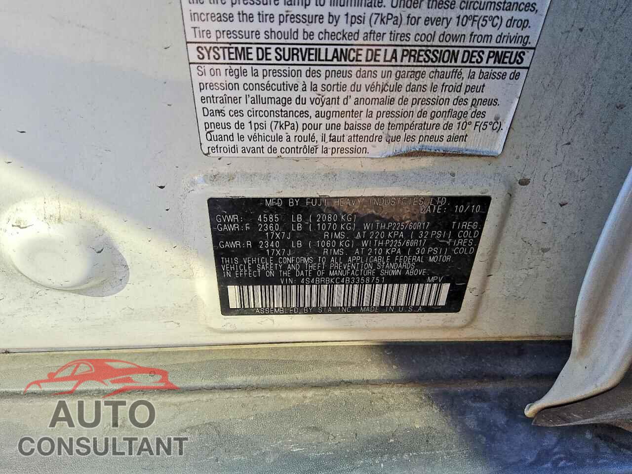 SUBARU OUTBACK 2011 - 4S4BRBKC4B3358751