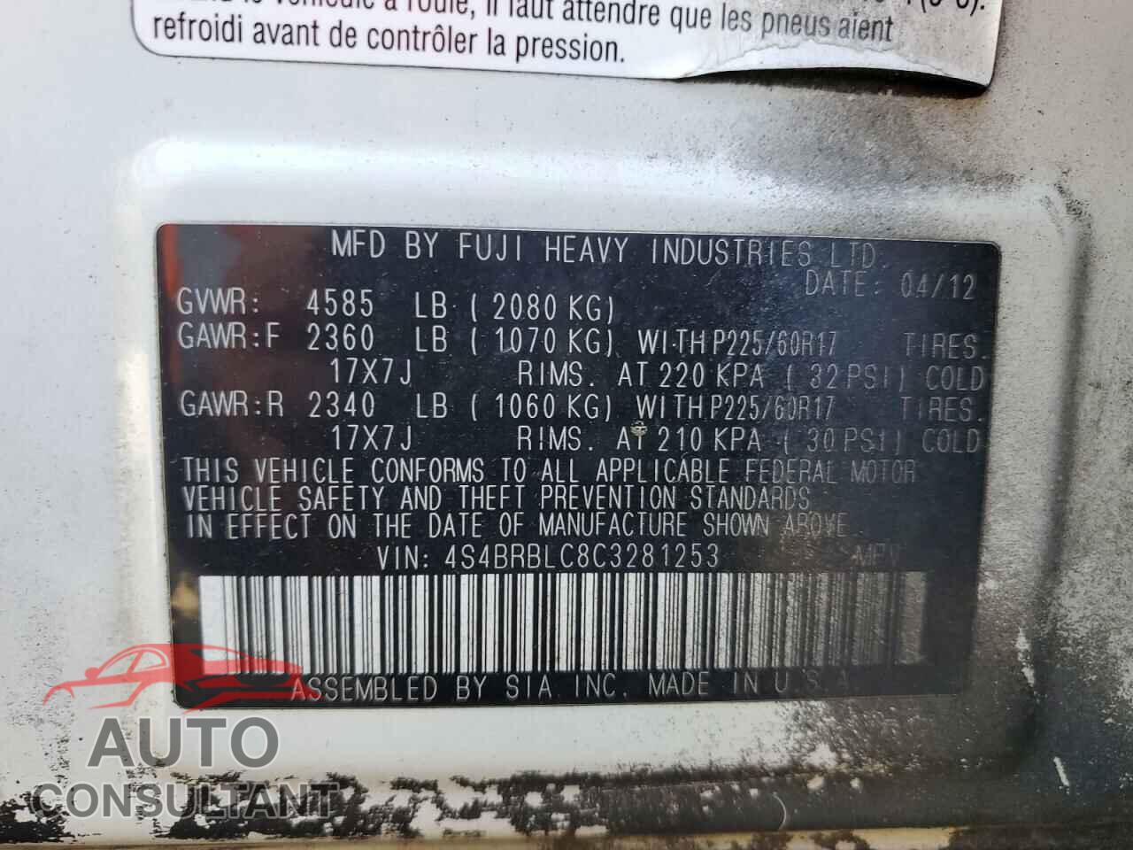 SUBARU OUTBACK 2012 - 4S4BRBLC8C3281253