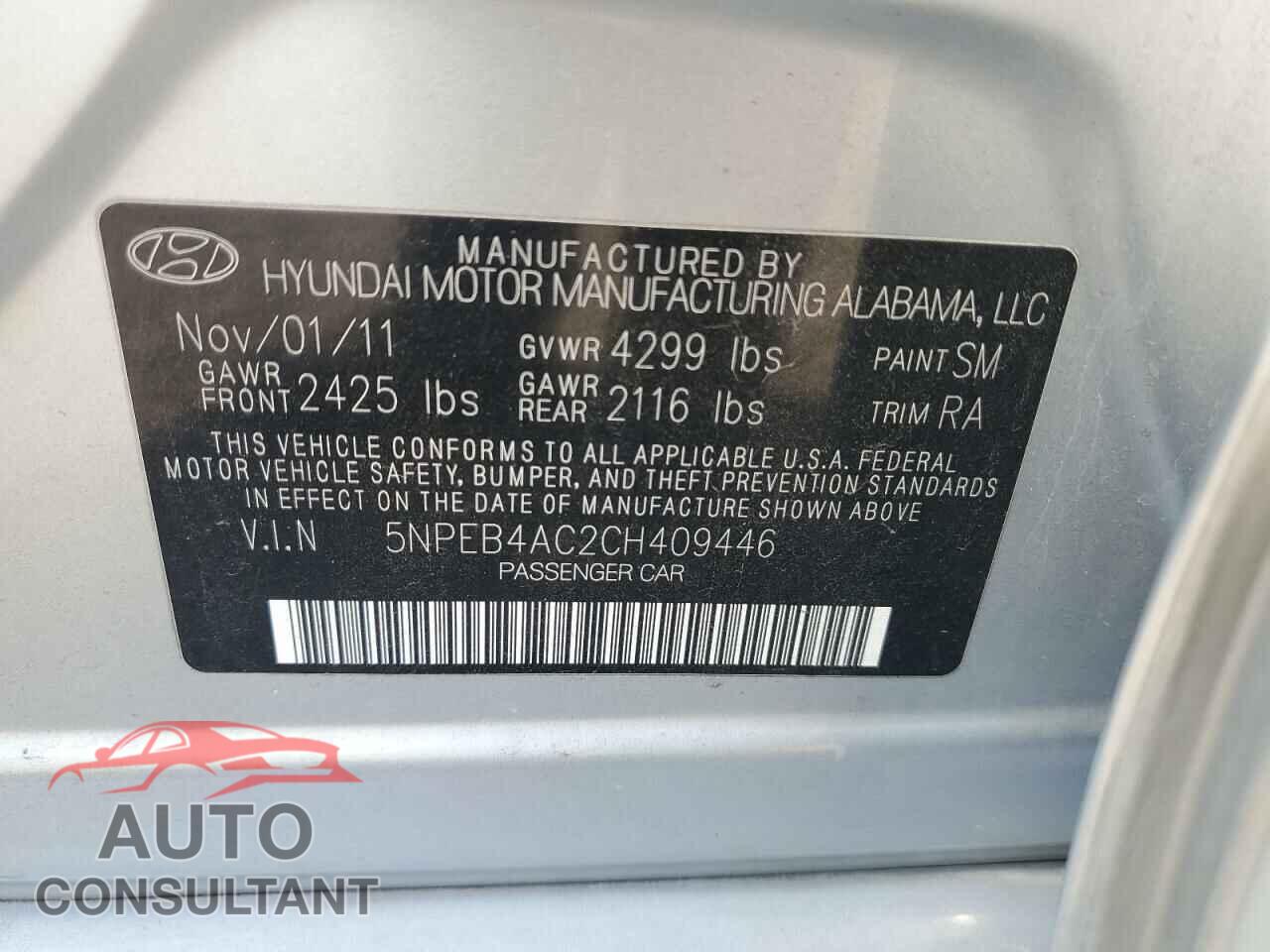 HYUNDAI SONATA 2012 - 5NPEB4AC2CH409446