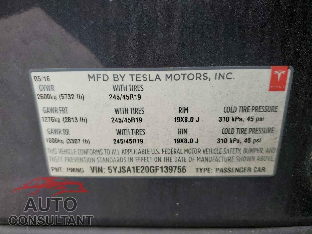 TESLA MODEL S 2016 - 5YJSA1E20GF139756