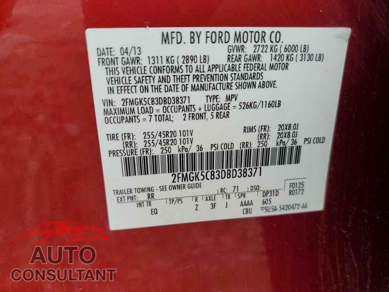 FORD FLEX 2013 - 2FMGK5C83DBD38371