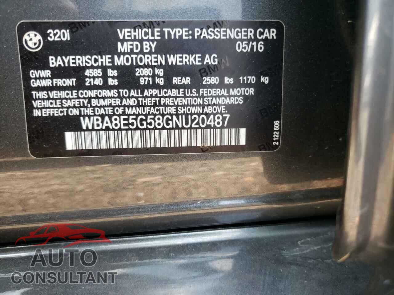 BMW 3 SERIES 2016 - WBA8E5G58GNU20487