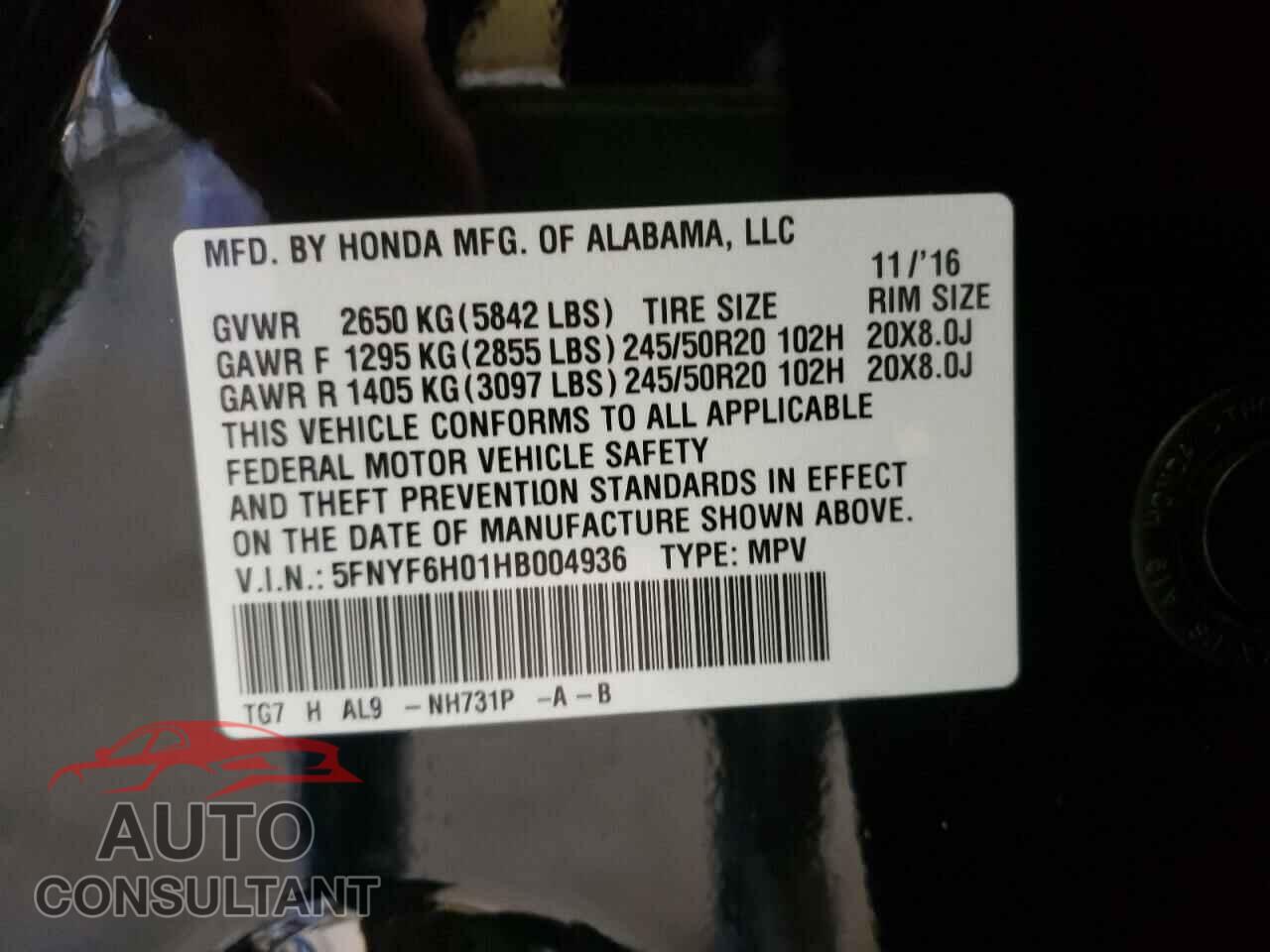 HONDA PILOT 2017 - 5FNYF6H01HB004936