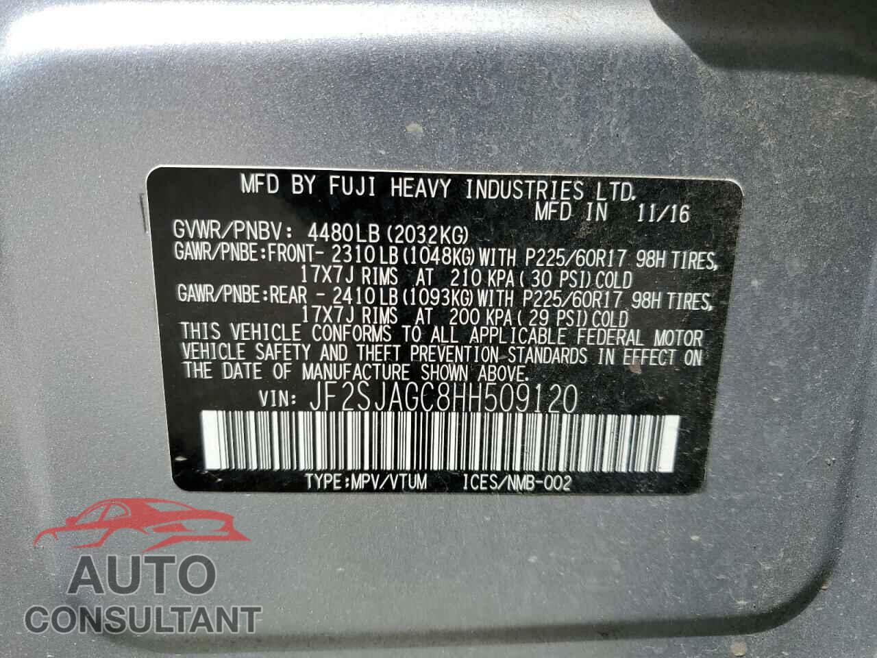 SUBARU FORESTER 2017 - JF2SJAGC8HH509120