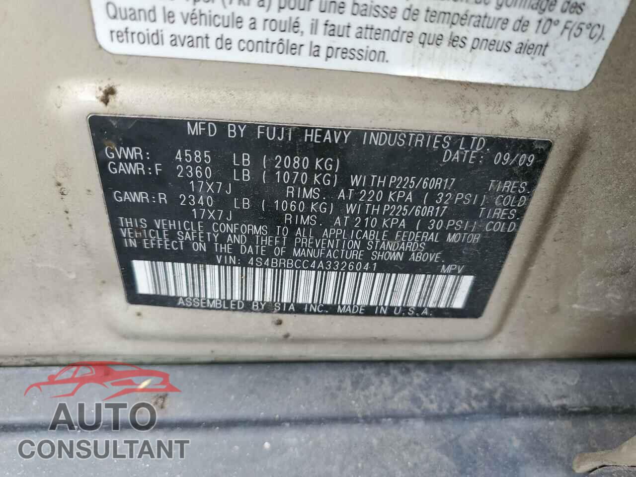 SUBARU OUTBACK 2010 - 4S4BRBCC4A3326041