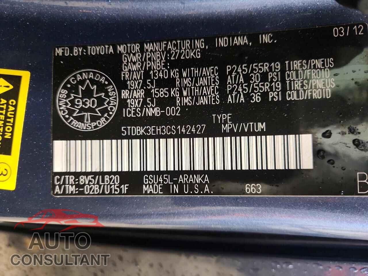 TOYOTA HIGHLANDER 2012 - 5TDBK3EH3CS142427