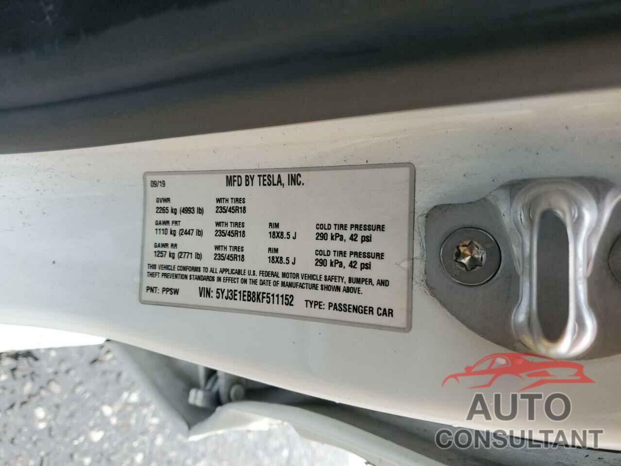TESLA MODEL 3 2019 - 5YJ3E1EB8KF511152