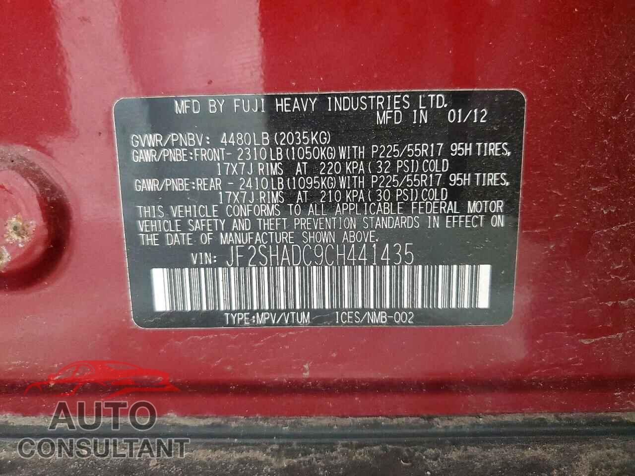 SUBARU FORESTER 2012 - JF2SHADC9CH441435