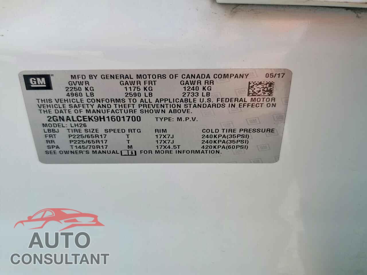 CHEVROLET EQUINOX 2017 - 2GNALCEK9H1601700