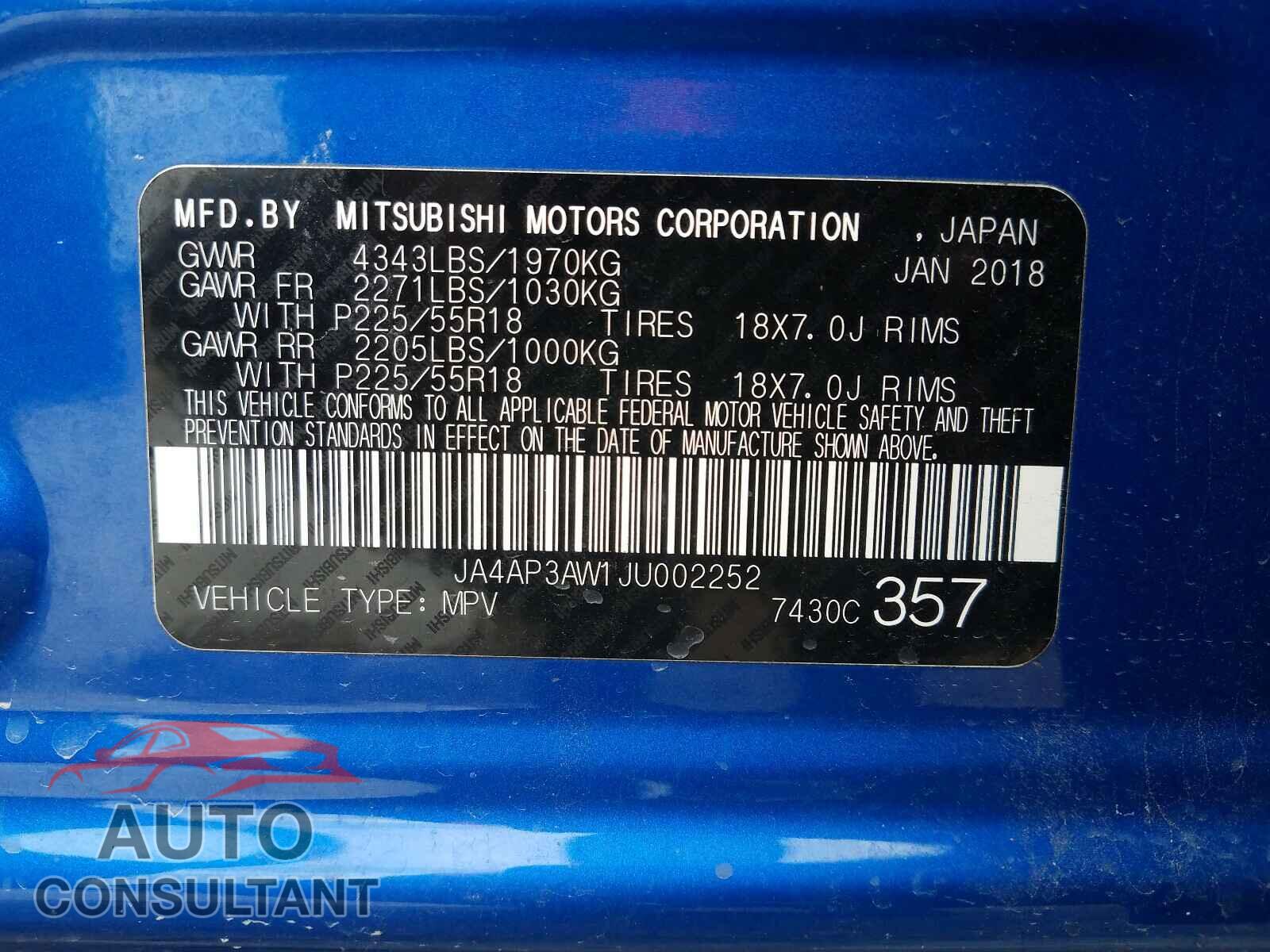 MITSUBISHI OUTLANDER 2018 - JA4AP3AW1JU002252