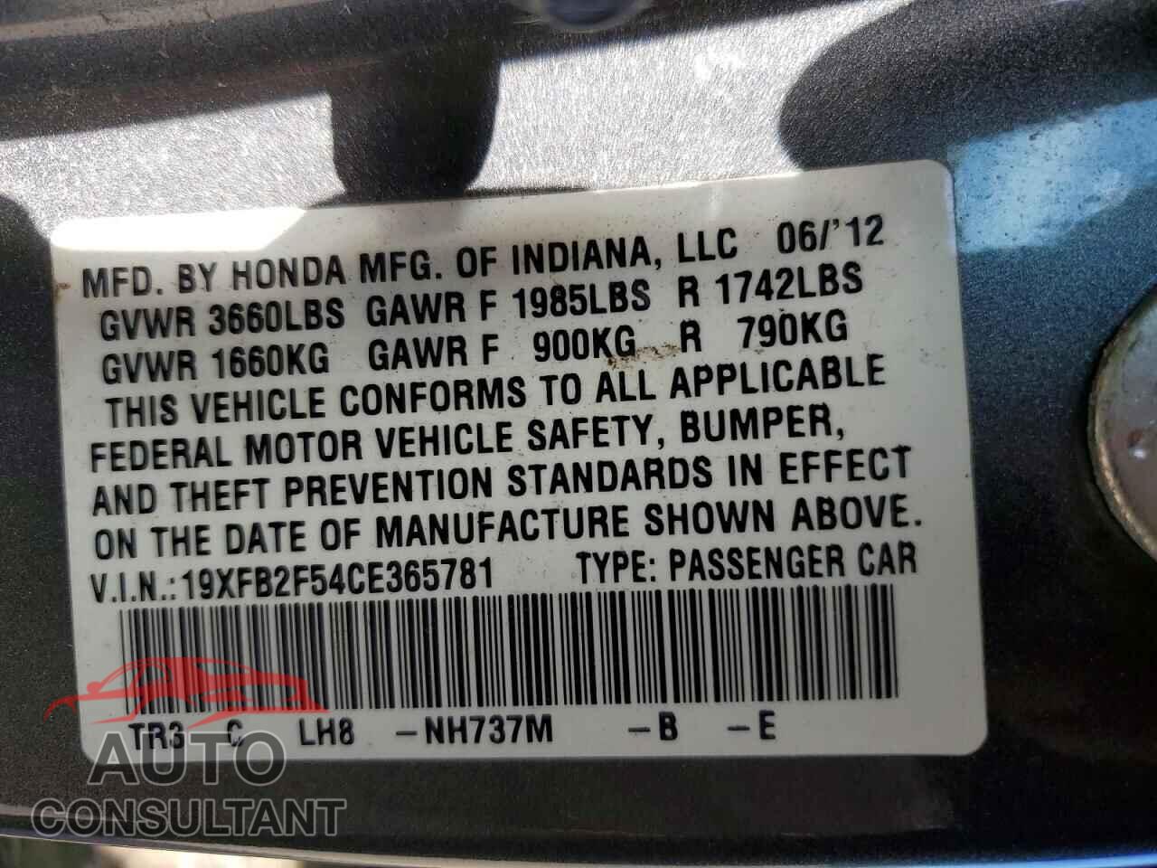 HONDA CIVIC 2012 - 19XFB2F54CE365781