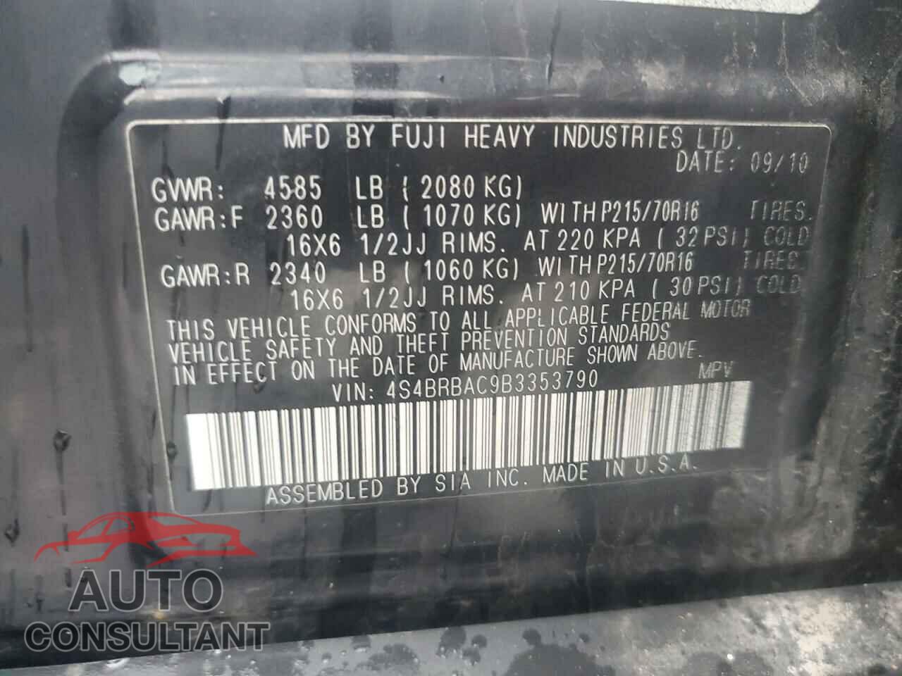 SUBARU OUTBACK 2011 - 4S4BRBAC9B3353790
