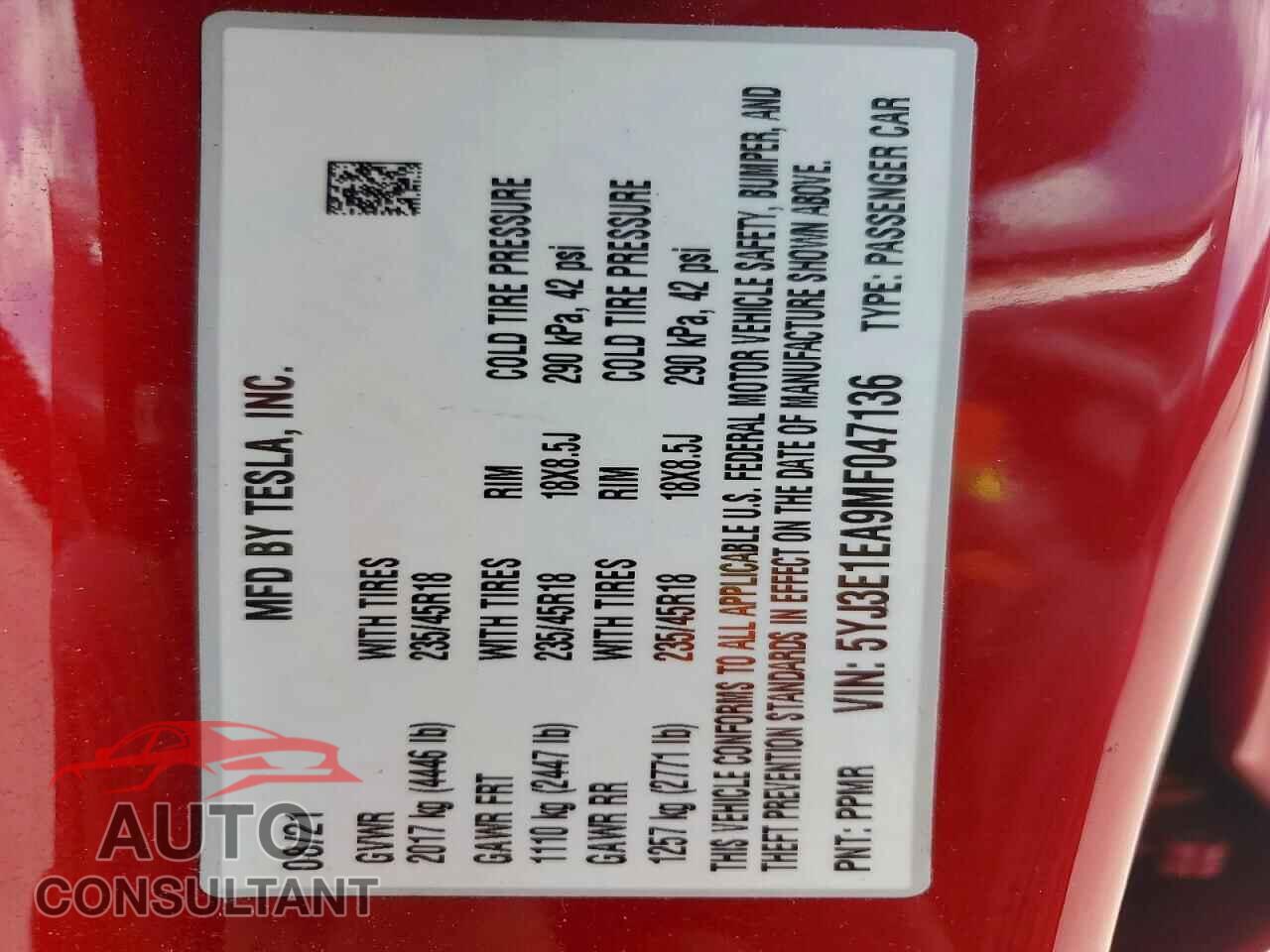 TESLA MODEL 3 2021 - 5YJ3E1EA9MF047136