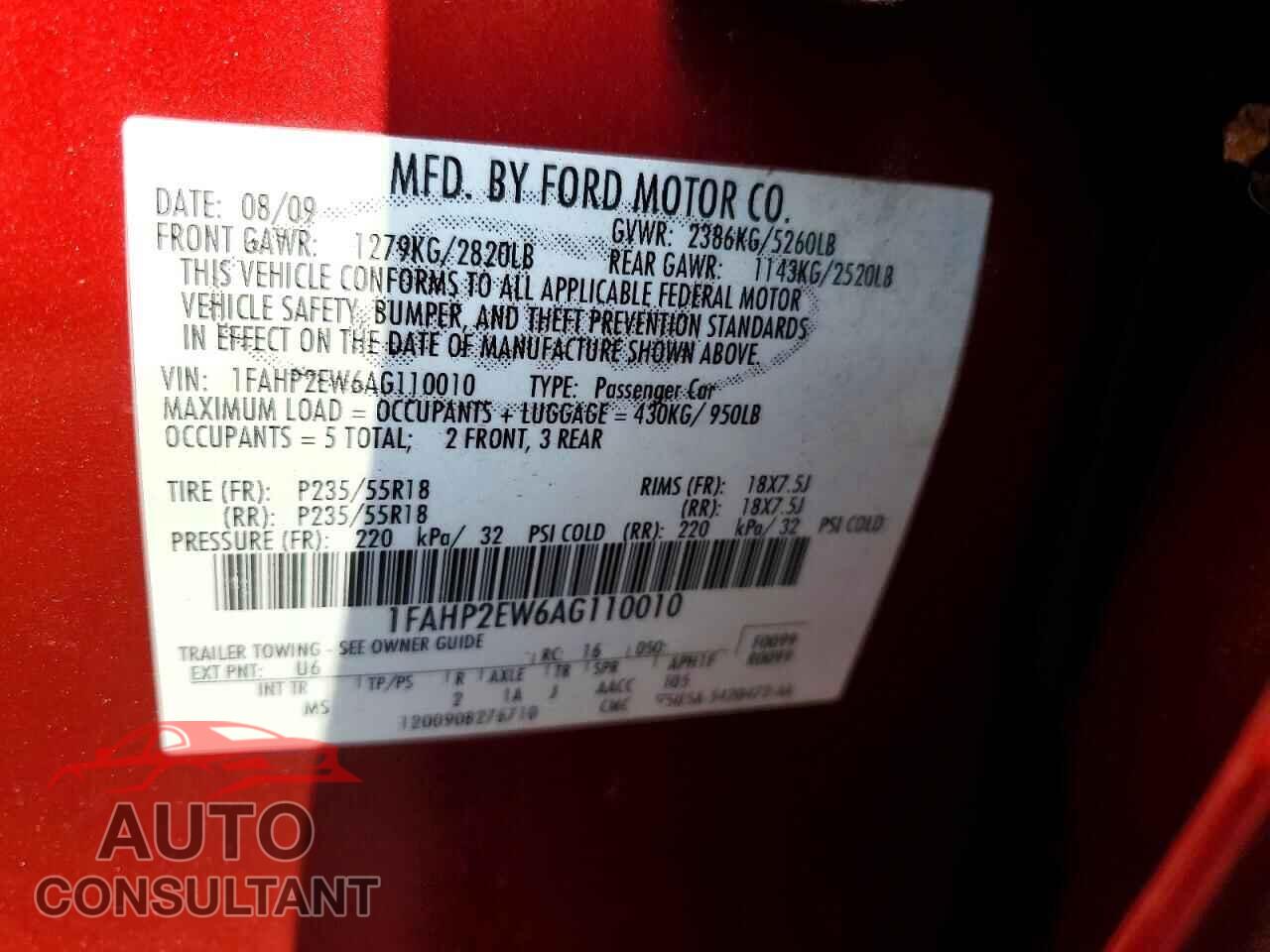 FORD TAURUS 2010 - 1FAHP2EW6AG110010