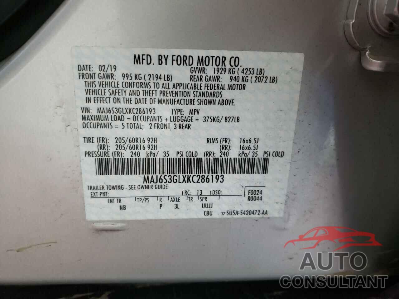 FORD ALL OTHER 2019 - MAJ6S3GLXKC286193
