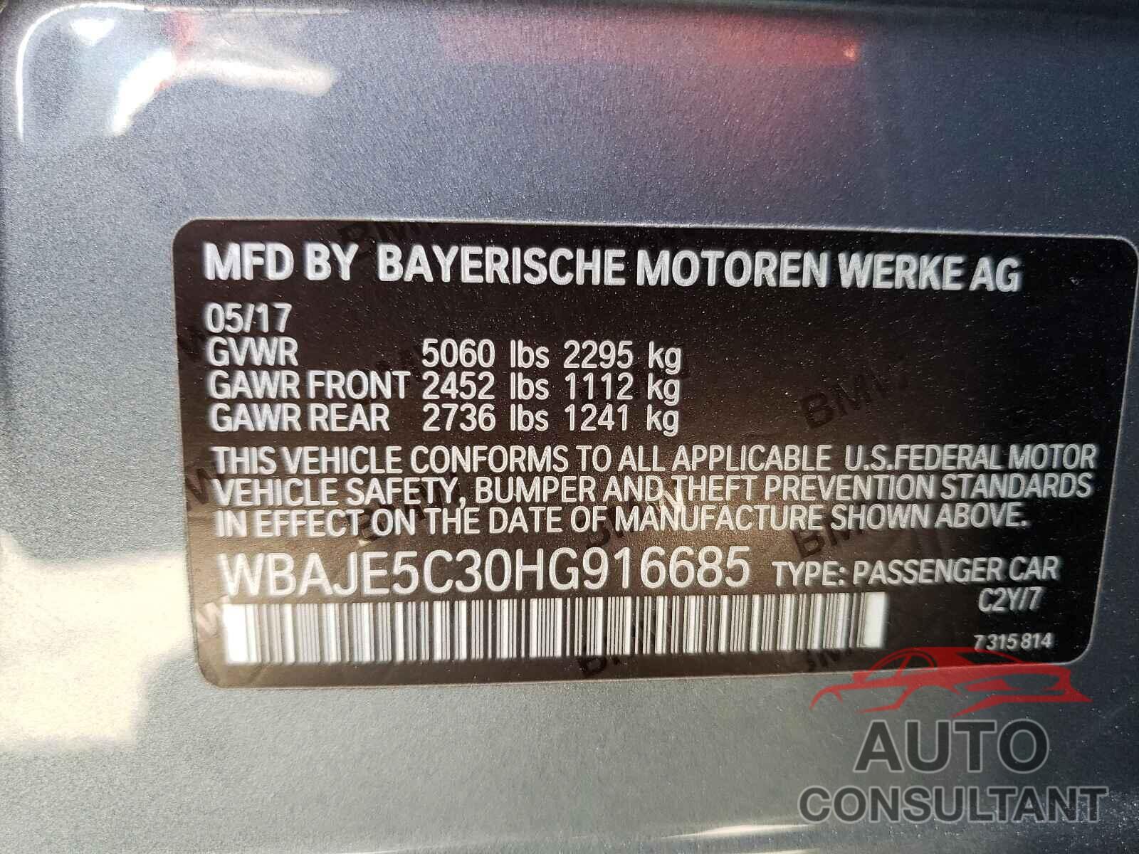 BMW 5 SERIES 2017 - WBAJE5C30HG916685