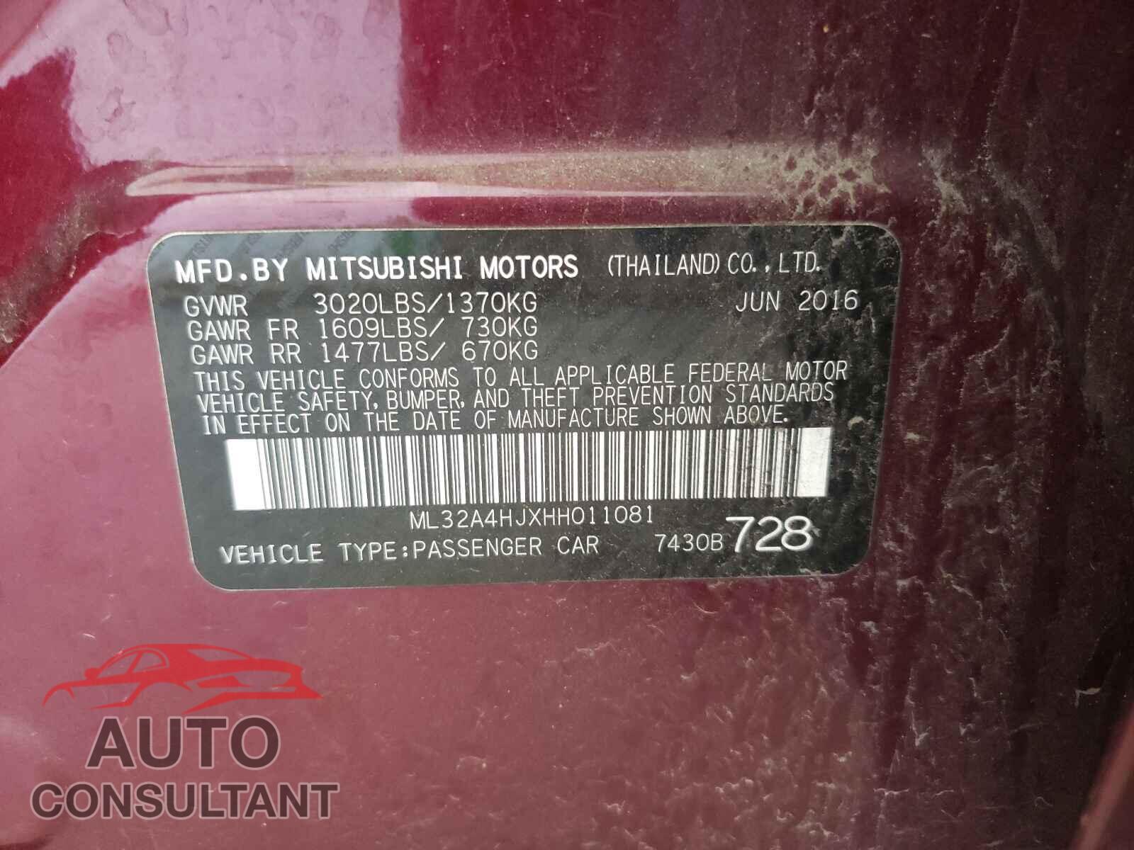 MITSUBISHI MIRAGE 2017 - ML32A4HJXHH011081