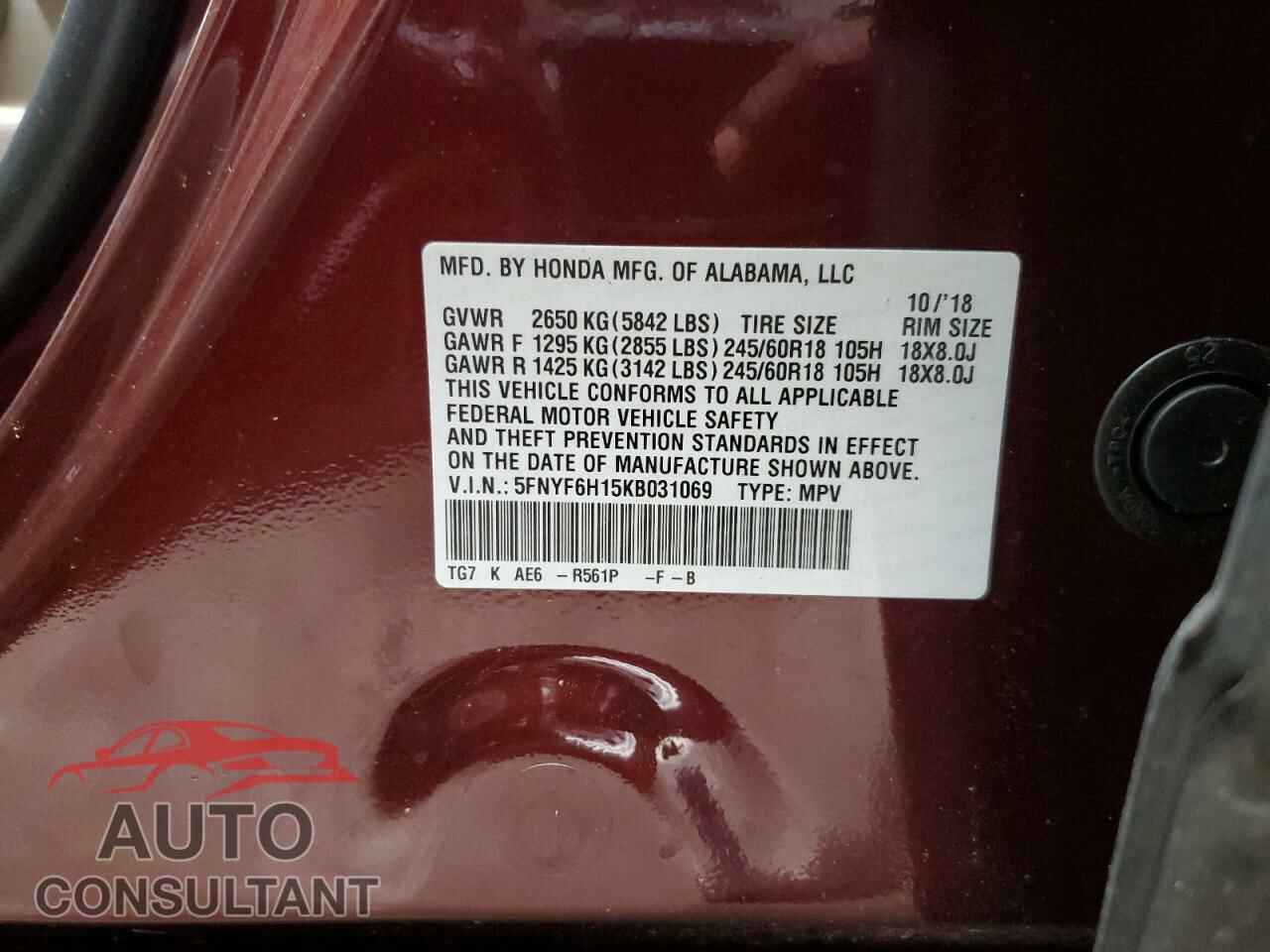 HONDA PILOT 2019 - 5FNYF6H15KB031069