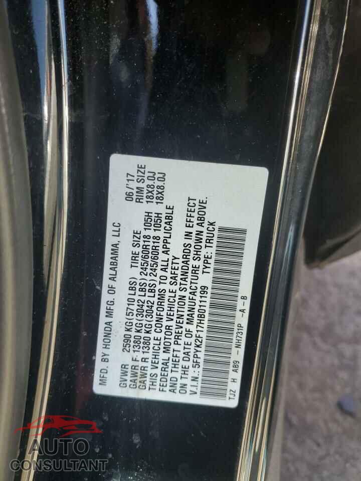 HONDA RIDGELINE 2017 - 5FPYK2F17HB011199