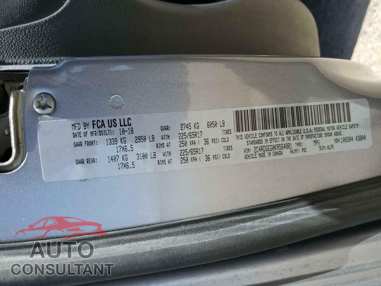 DODGE CARAVAN 2019 - 2C4RDGEG0KR564881