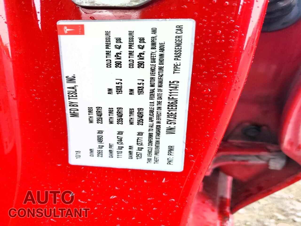 TESLA MODEL 3 2018 - 5YJ3E1EB6JF111475
