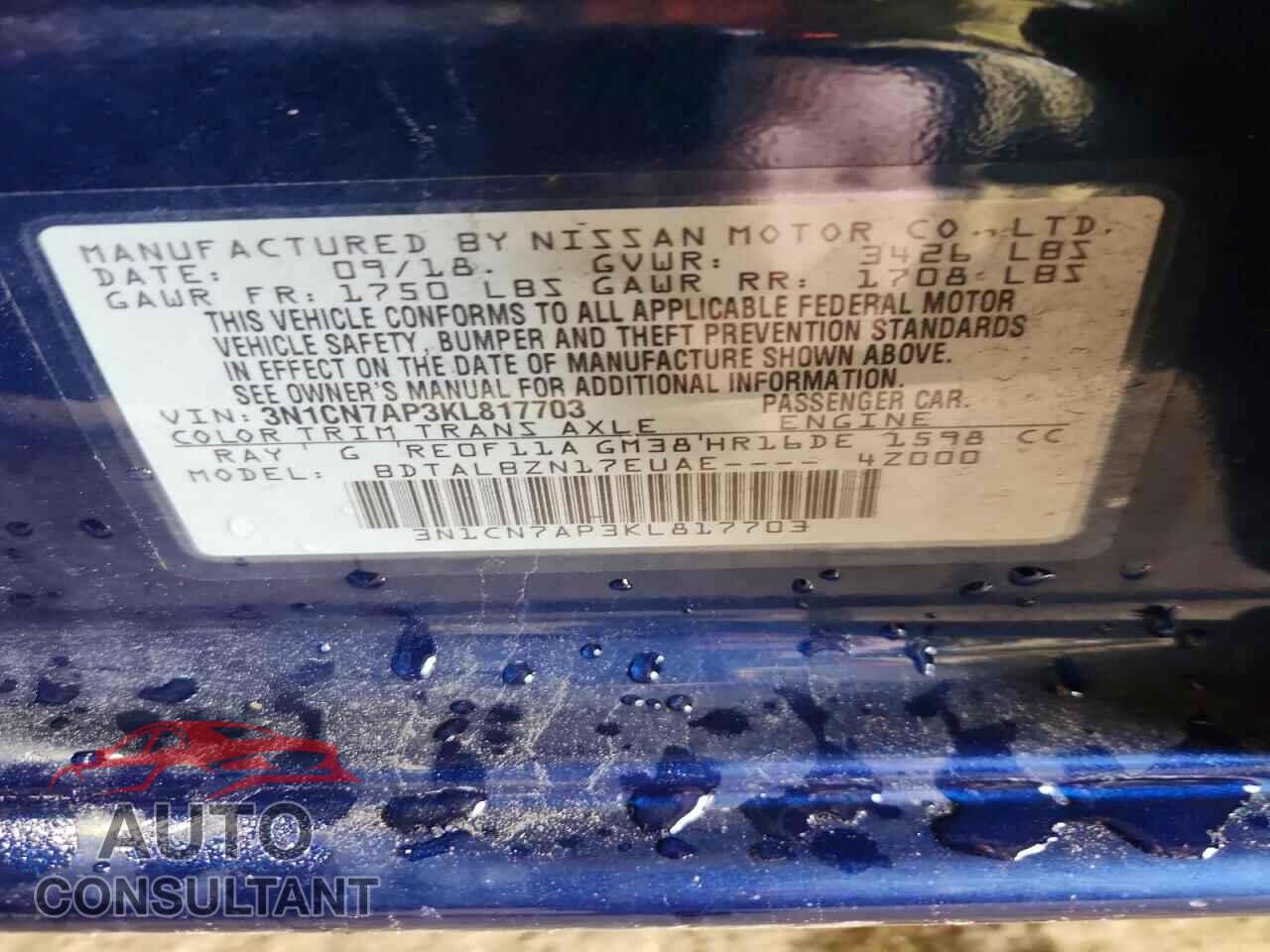 NISSAN VERSA 2019 - 3N1CN7AP3KL817703