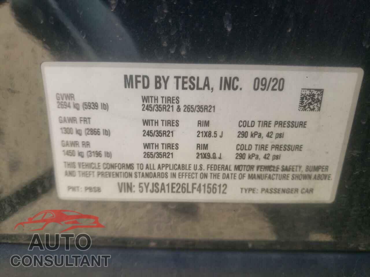 TESLA MODEL S 2020 - 5YJSA1E26LF415612