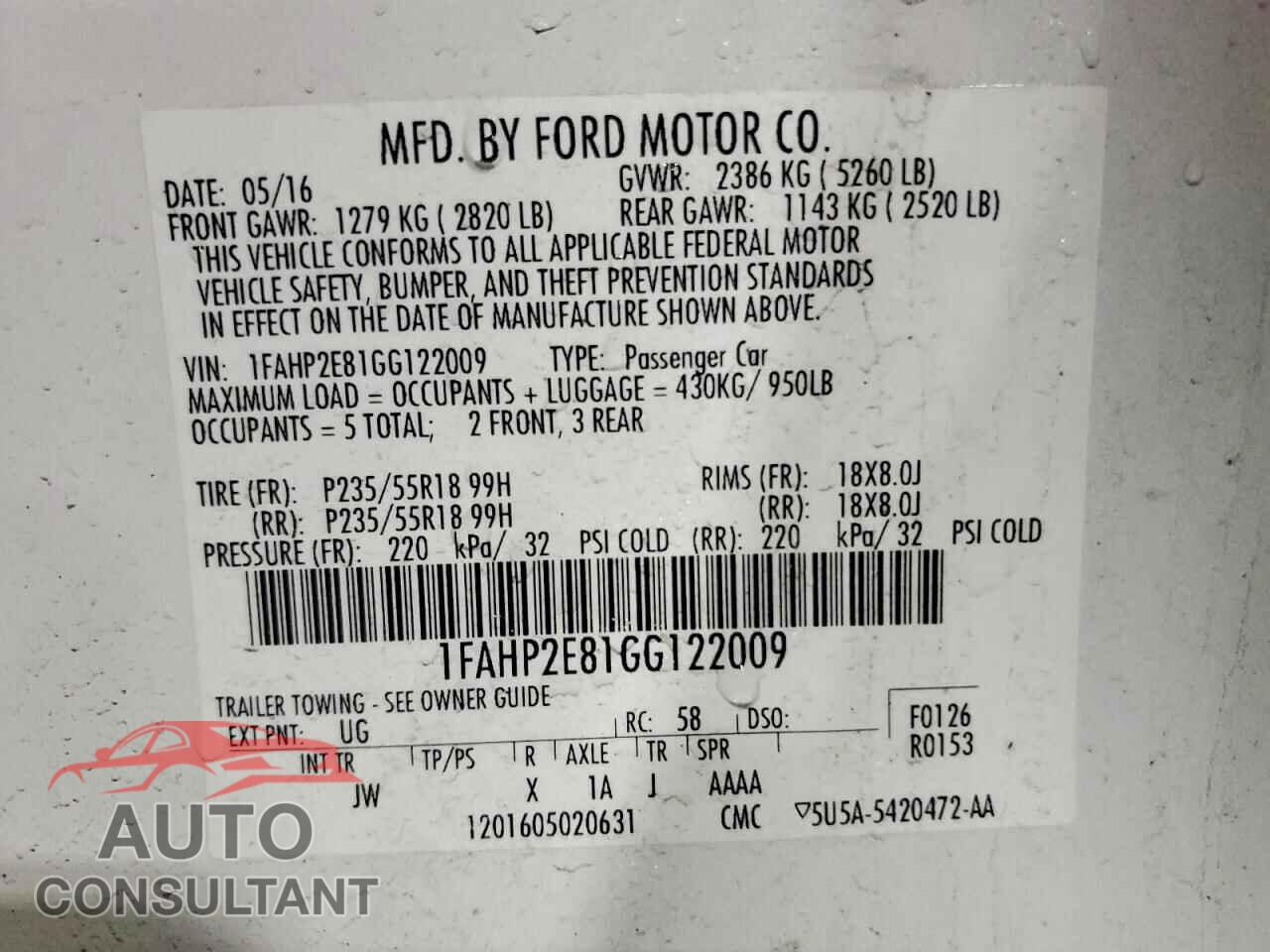 FORD TAURUS 2016 - 1FAHP2E81GG122009