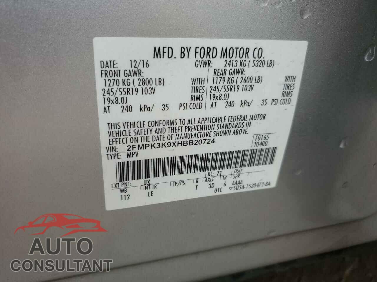 FORD EDGE 2017 - 2FMPK3K9XHBB20724