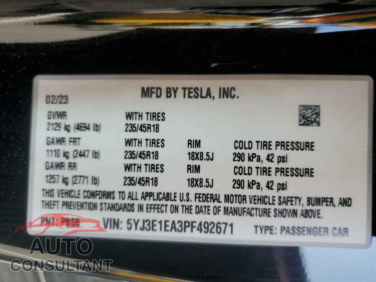 TESLA MODEL 3 2023 - 5YJ3E1EA3PF492671