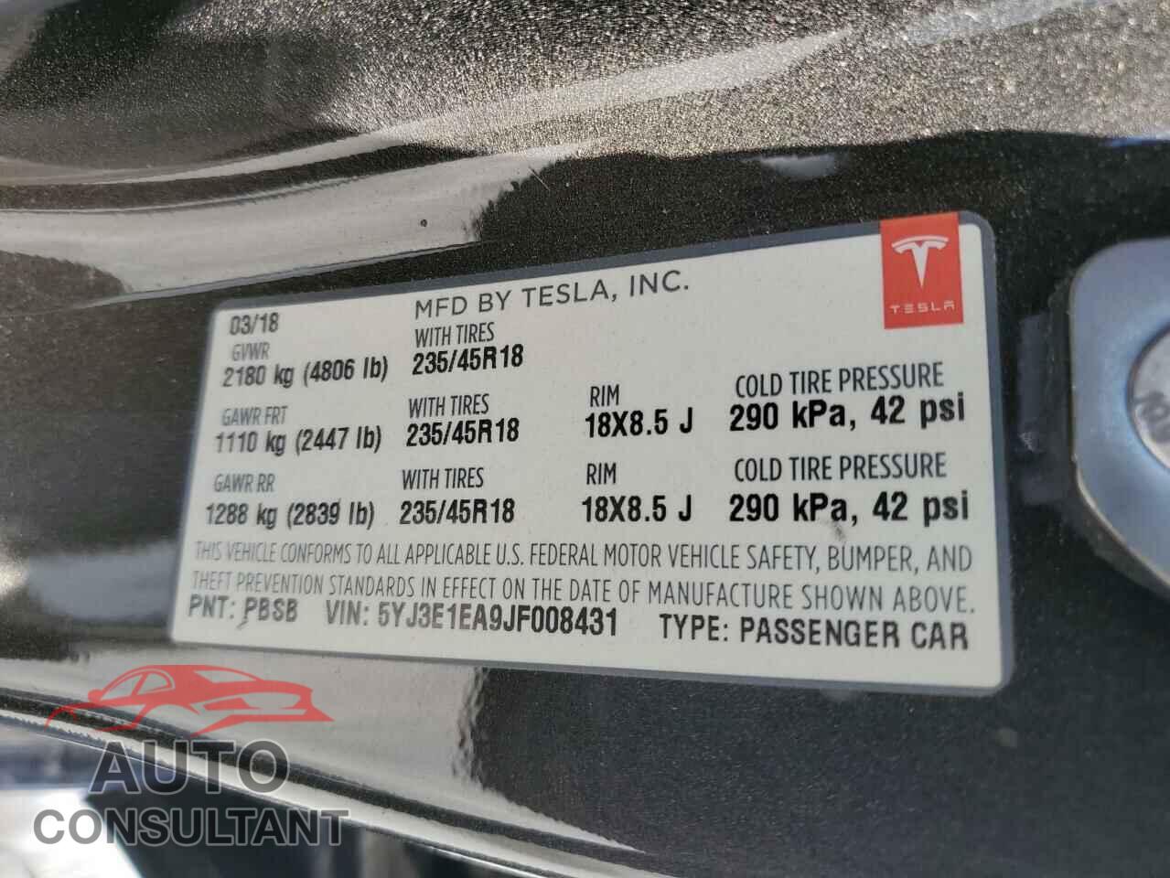 TESLA MODEL 3 2018 - 5YJ3E1EA9JF008431