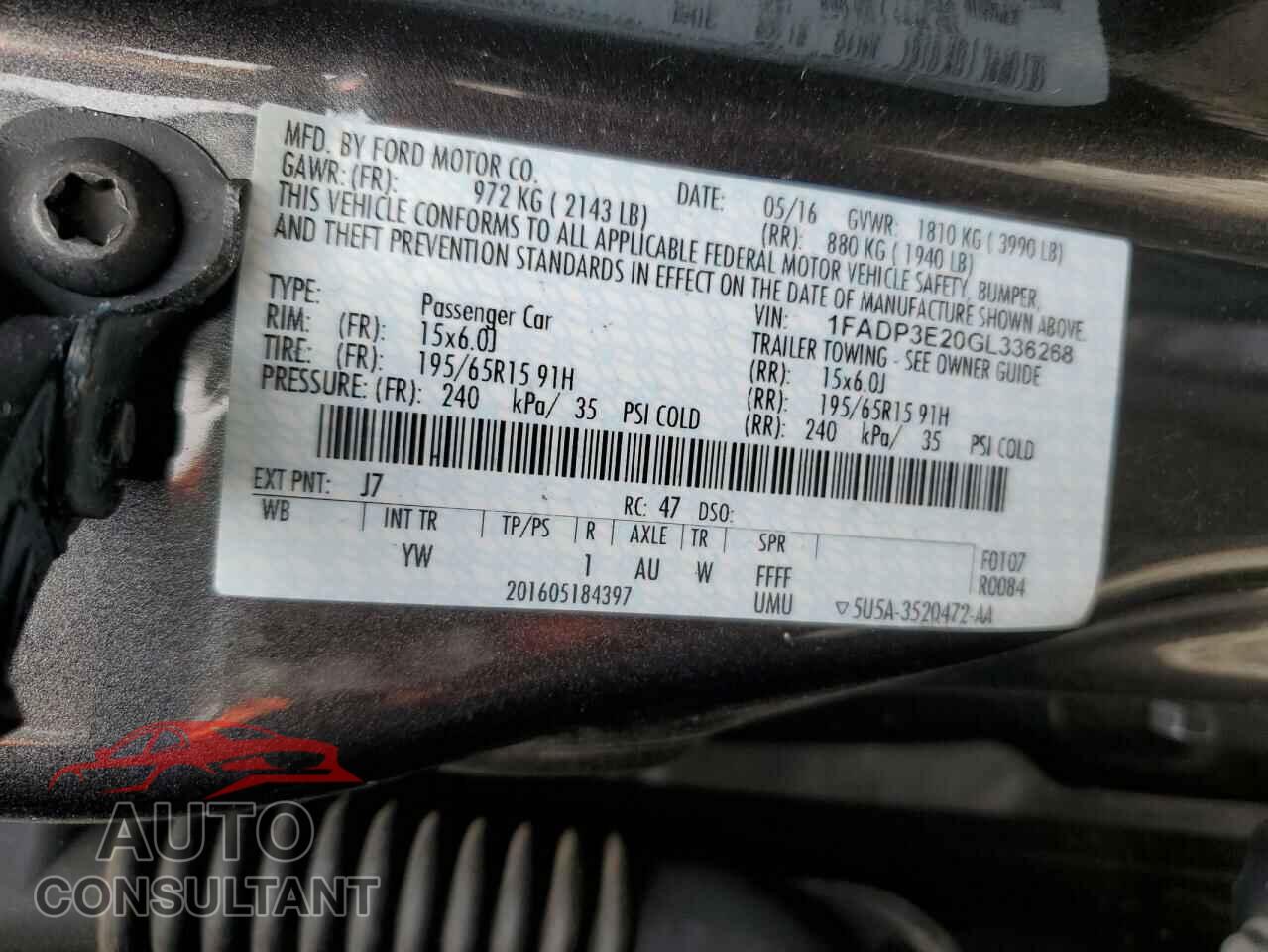 FORD FOCUS 2016 - 1FADP3E20GL336268