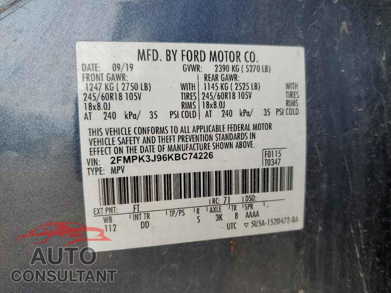 FORD EDGE 2019 - 2FMPK3J96KBC74226