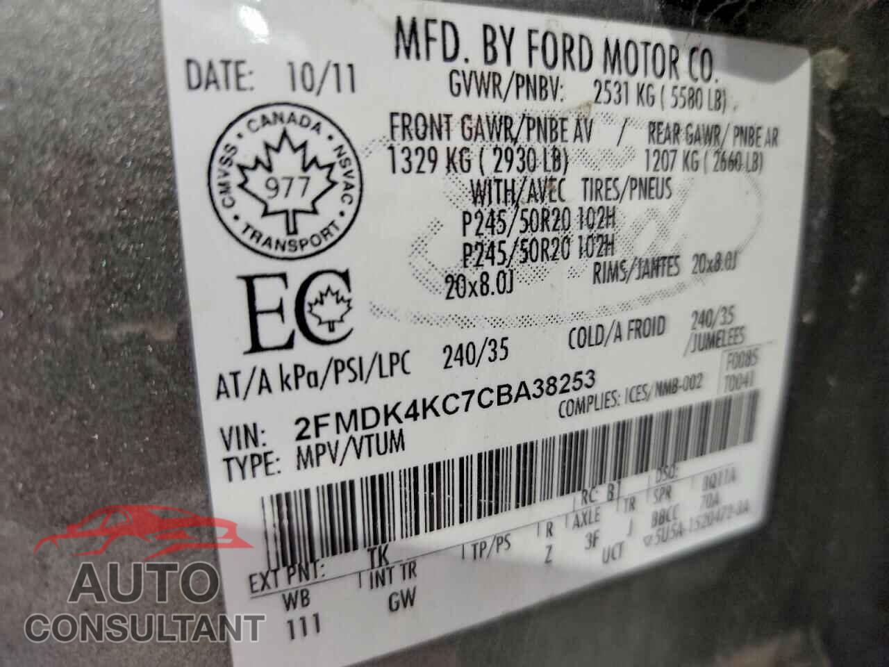 FORD EDGE 2012 - 2FMDK4KC7CBA38253