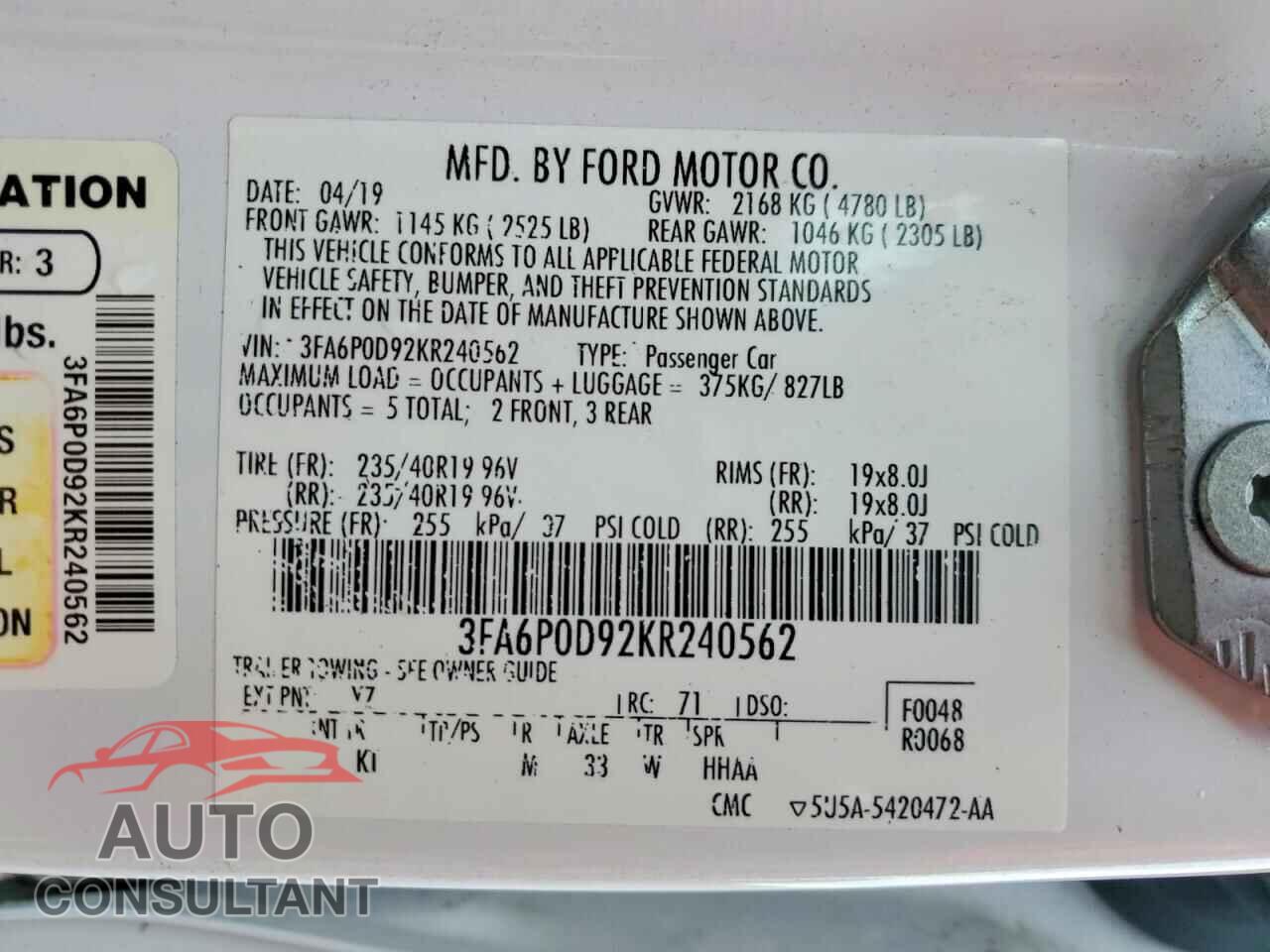 FORD FUSION 2019 - 3FA6P0D92KR240562