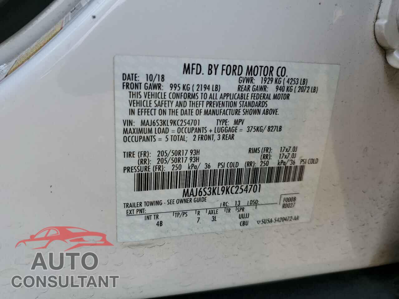 FORD ECOSPORT 2019 - MAJ6S3KL9KC254701