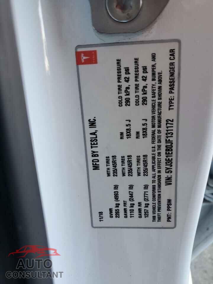 TESLA MODEL 3 2018 - 5YJ3E1EB0JF131172