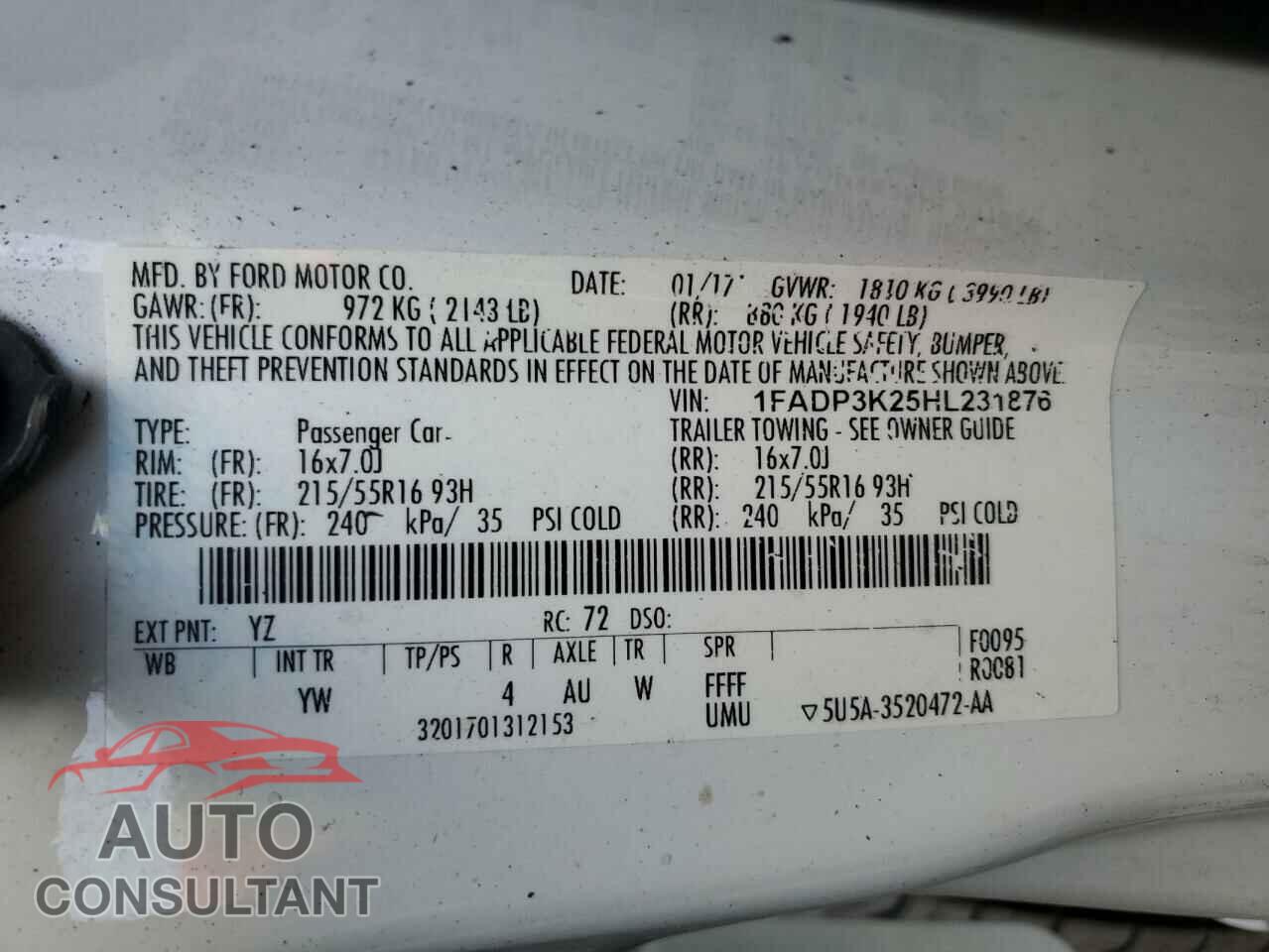 FORD FOCUS 2017 - 1FADP3K25HL231876