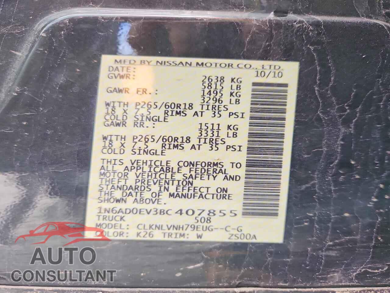 NISSAN FRONTIER 2011 - 1N6AD0EV3BC407855