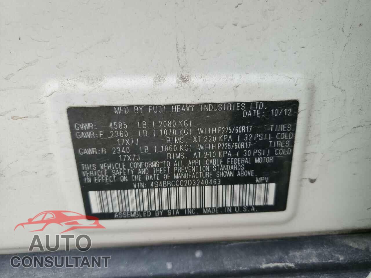 SUBARU OUTBACK 2013 - 4S4BRCCC2D3240463