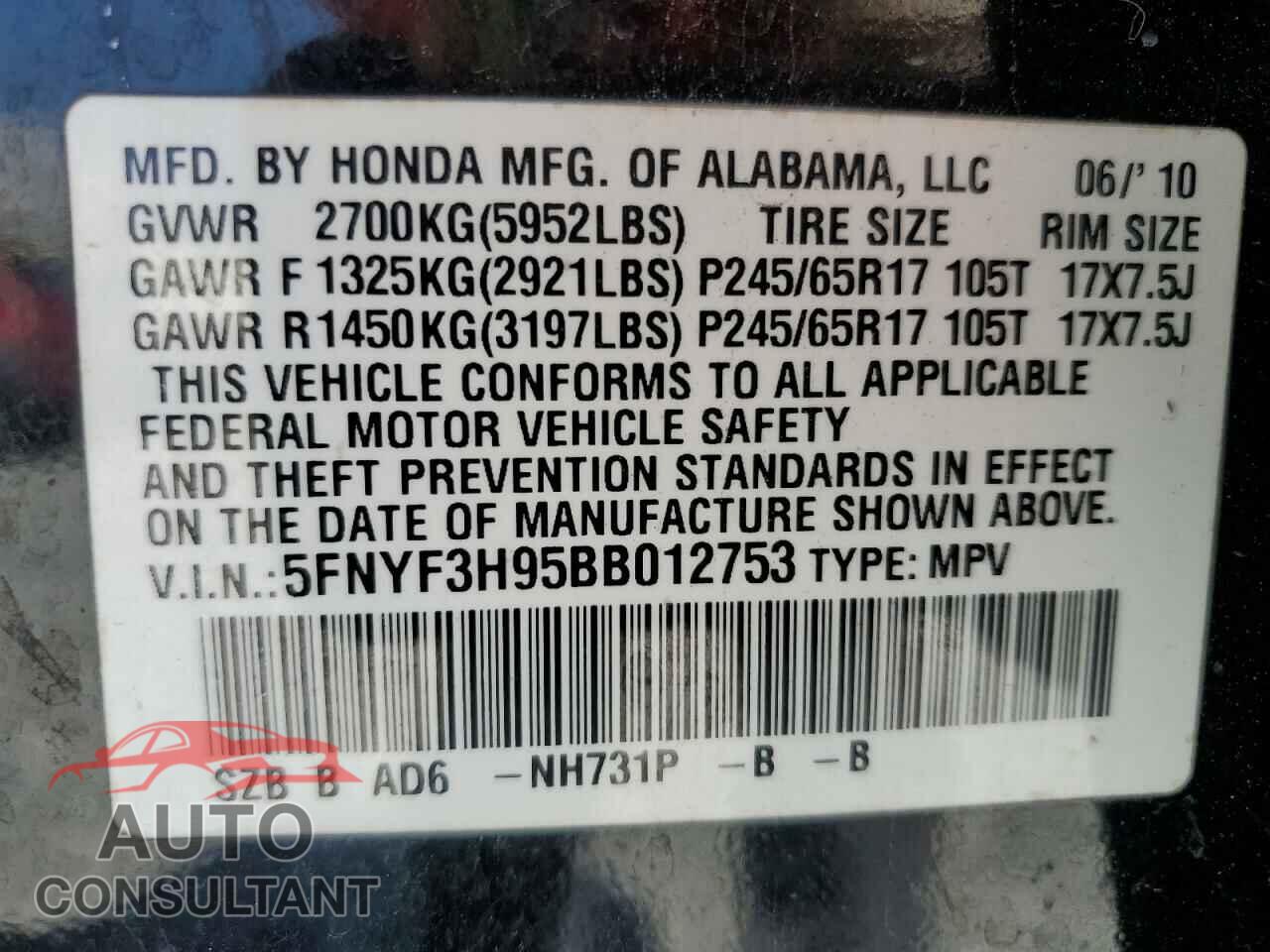 HONDA PILOT 2011 - 5FNYF3H95BB012753