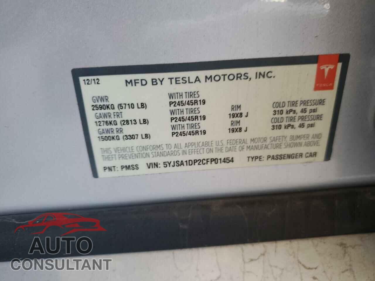 TESLA MODEL S 2012 - 5YJSA1DP2CFP01454