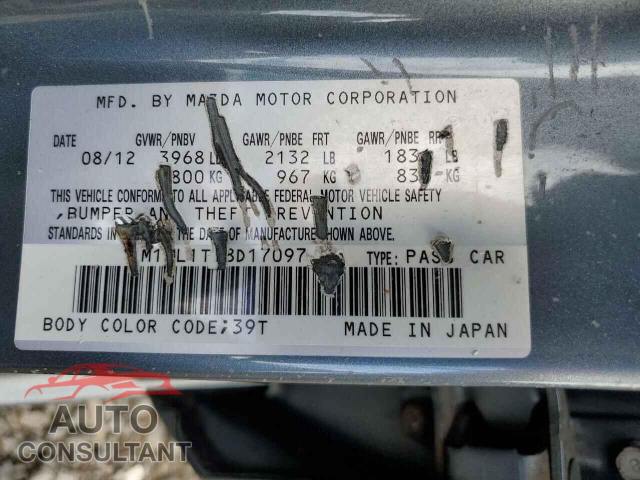 MAZDA 3 2013 - JM1BL1TF8D1709748