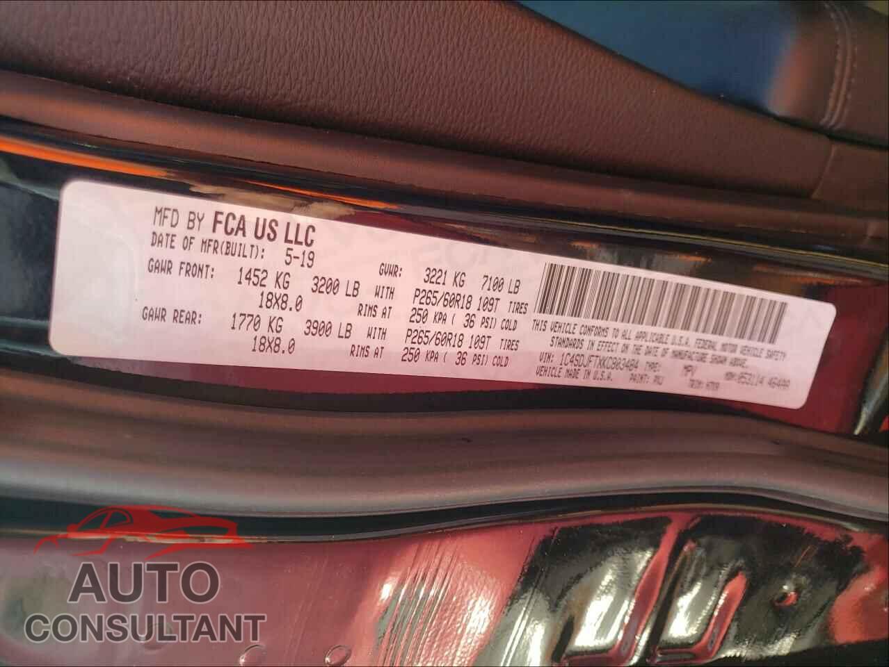 DODGE DURANGO 2019 - 1C4SDJFTXKC803484