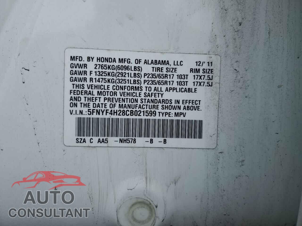 HONDA PILOT 2012 - 5FNYF4H28CB021599