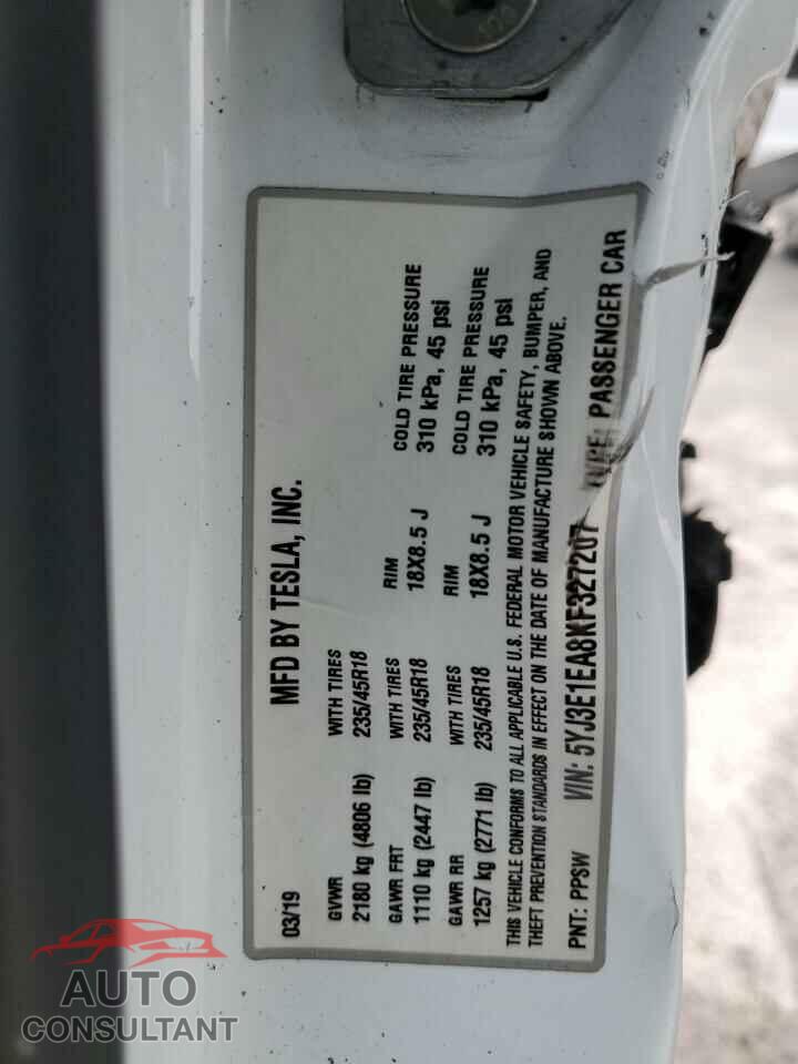 TESLA MODEL 3 2019 - 5YJ3E1EA8KF327207