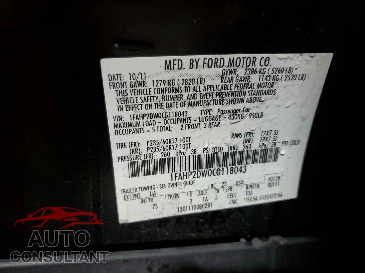 FORD TAURUS 2012 - 1FAHP2DW0CG118043