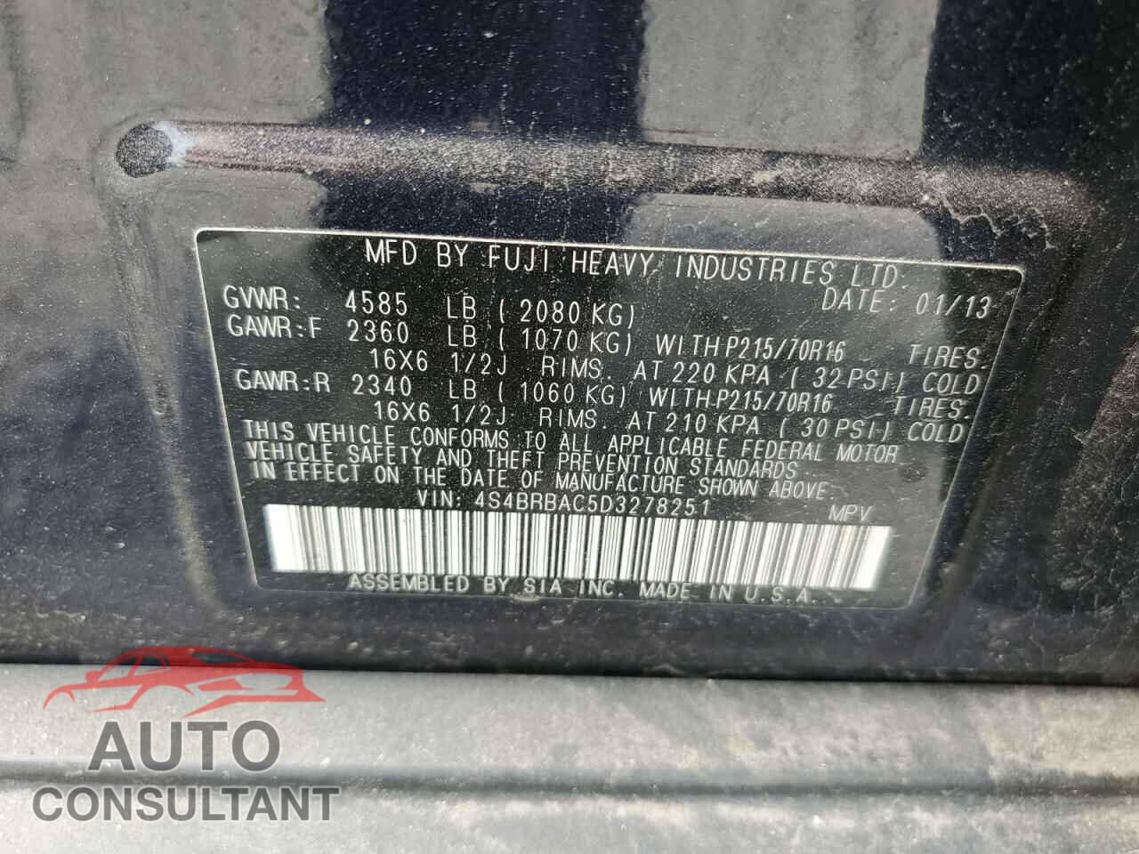 SUBARU OUTBACK 2013 - 4S4BRBAC5D3278251
